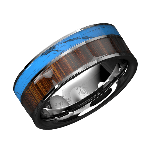 Tungsten Rings for Men Wedding Bands for Him Womens Wedding Bands for Her 8mm Silver Turquoise & Koa Wood Wedding Band Jewelry - Jewelry Store by Erik Rayo