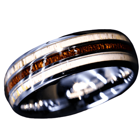 Tungsten Rings for Men Wedding Bands for Him Womens Wedding Bands for Her 8mm Silver With Antler Koa Wood - Jewelry Store by Erik Rayo