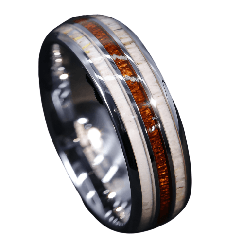 Tungsten Rings for Men Wedding Bands for Him Womens Wedding Bands for Her 8mm Silver With Antler Koa Wood - Jewelry Store by Erik Rayo