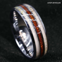 Load image into Gallery viewer, Tungsten Rings for Men Wedding Bands for Him Womens Wedding Bands for Her 8mm Silver With Antler Koa Wood - Jewelry Store by Erik Rayo
