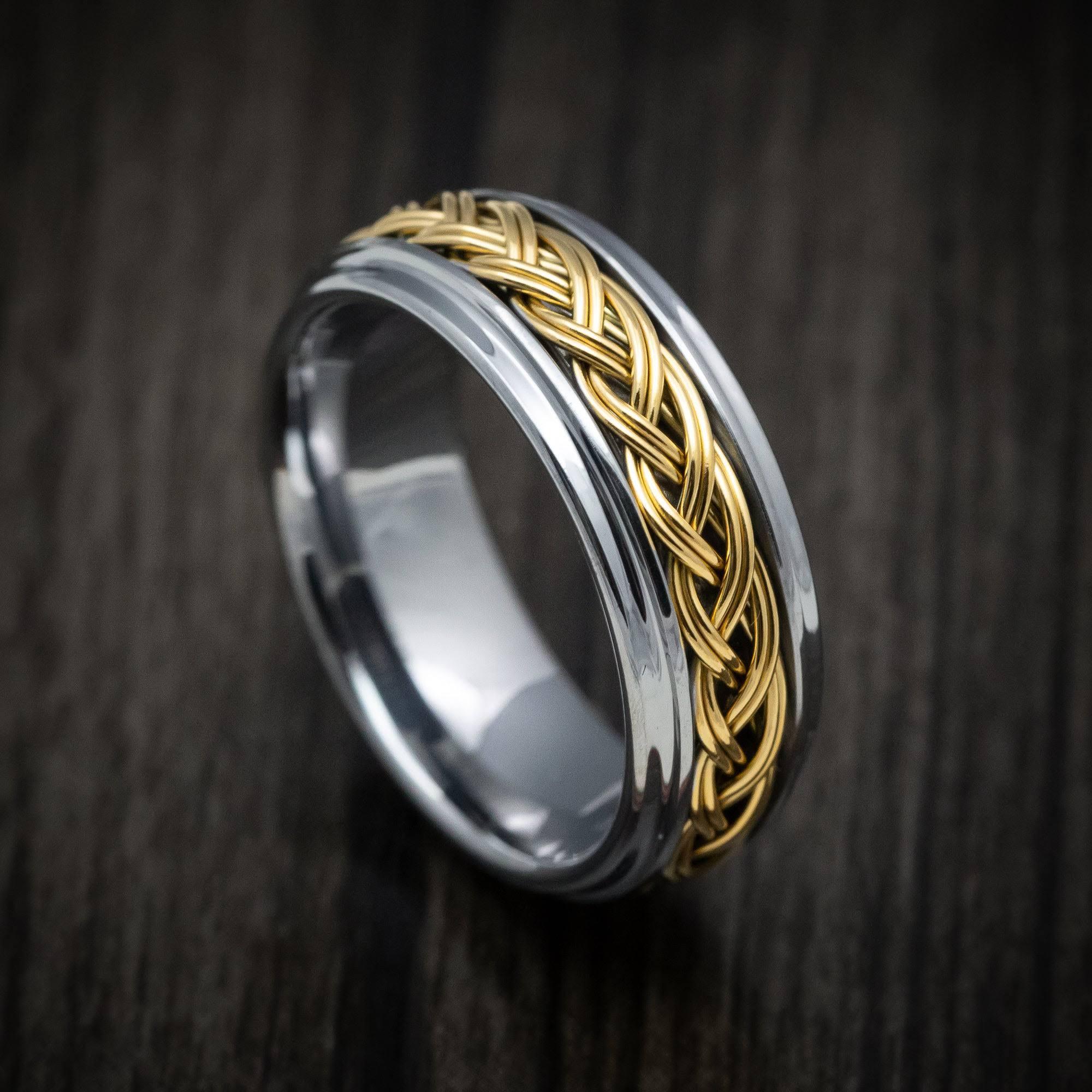 Tungsten Rings for Men Wedding Bands for Him Womens Wedding Bands for Her 8mm Step Edge High Polished with Yellow Gold - Jewelry Store by Erik Rayo