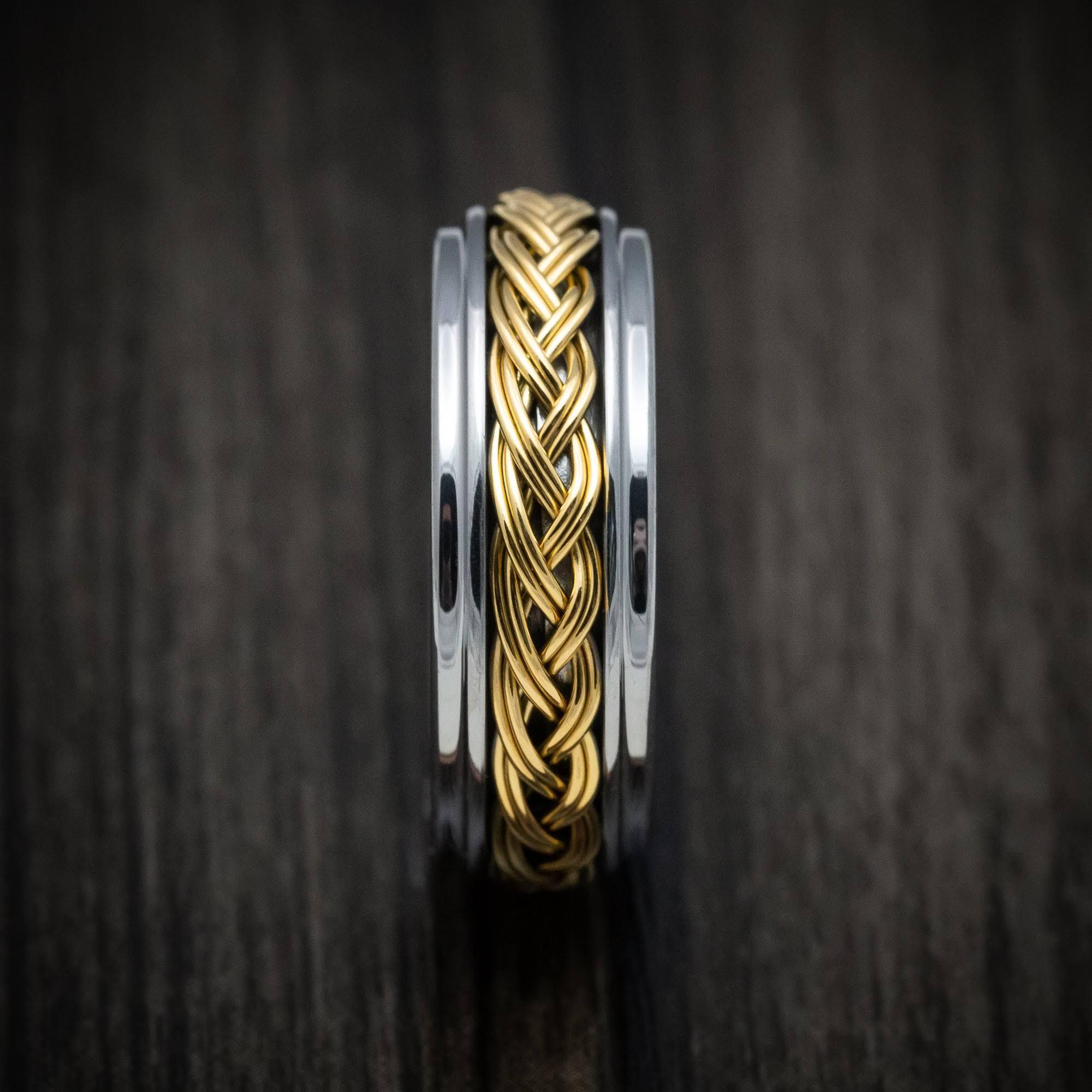 Tungsten Rings for Men Wedding Bands for Him Womens Wedding Bands for Her 8mm Step Edge High Polished with Yellow Gold - Jewelry Store by Erik Rayo