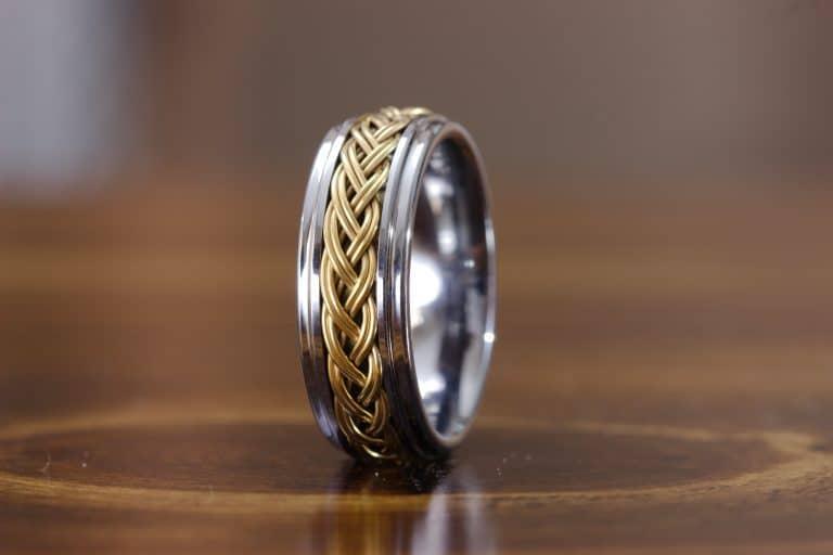 Tungsten Rings for Men Wedding Bands for Him Womens Wedding Bands for Her 8mm Step Edge High Polished with Yellow Gold - Jewelry Store by Erik Rayo