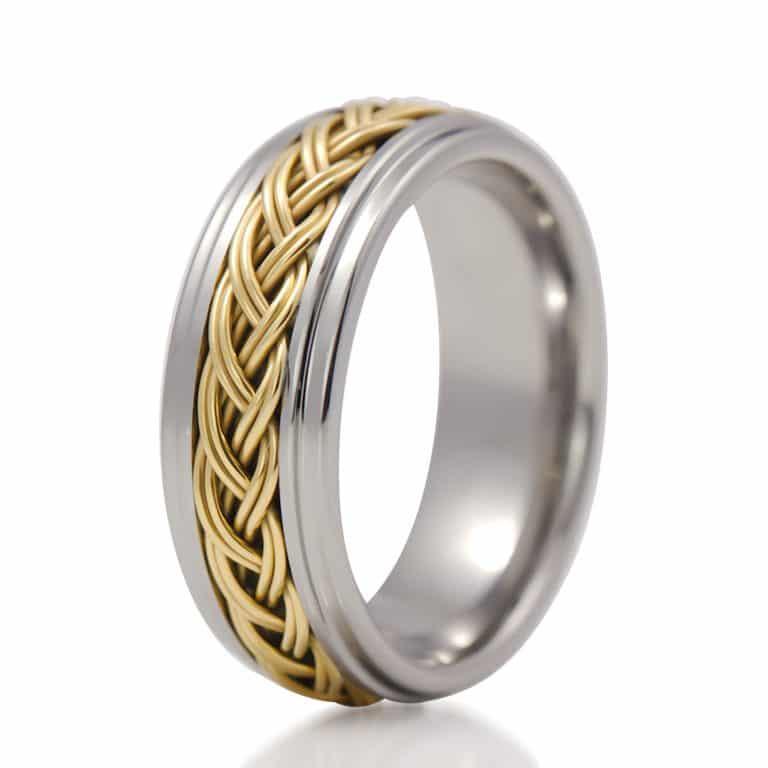 Tungsten Rings for Men Wedding Bands for Him Womens Wedding Bands for Her 8mm Step Edge High Polished with Yellow Gold - Jewelry Store by Erik Rayo