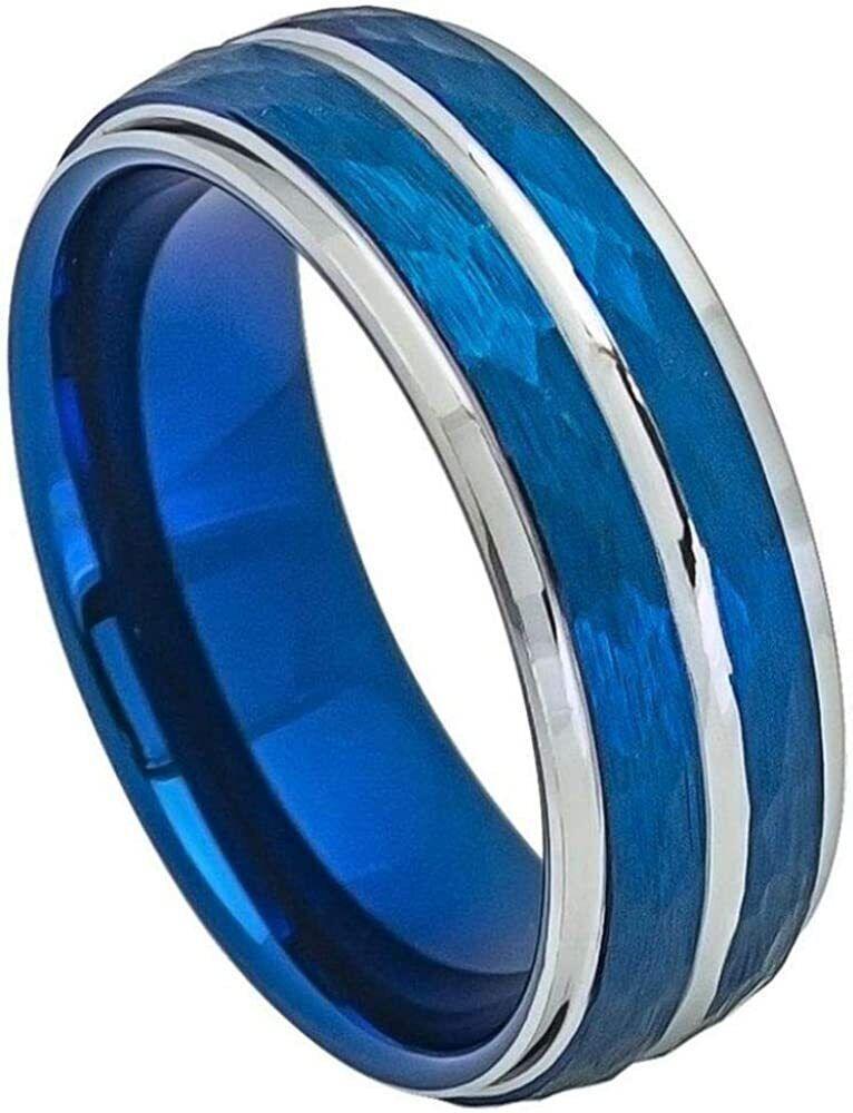 Men's Two-Tone Blue IP Plated Hammered Finish Wedding Band Ring - Women's & Men's Wedding Rings