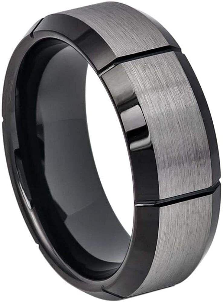 Men's Wedding Band Ring - Two-Tone Brushed Cut Center with Black IP - Wedding Rings for Men and Women