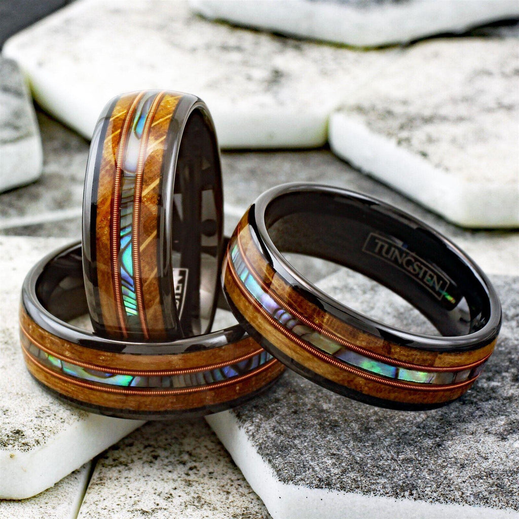 Men's Wedding Band Ring Whiskey Barrel Wood Abalone Dual Guitar String Ring for Men and Women - Jewelry Store by Erik Rayo