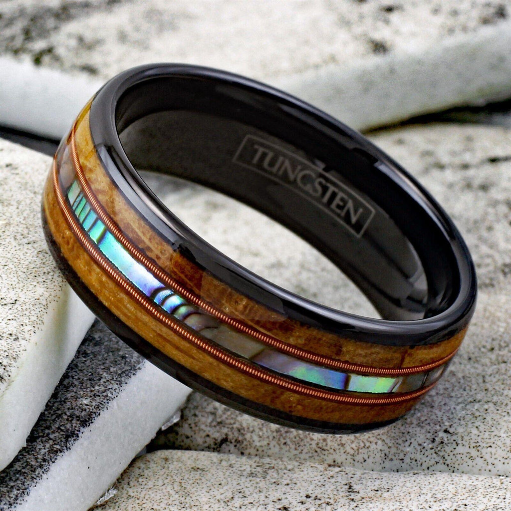 Men's Wedding Band Ring Whiskey Barrel Wood Abalone Dual Guitar String Ring for Men and Women - Jewelry Store by Erik Rayo