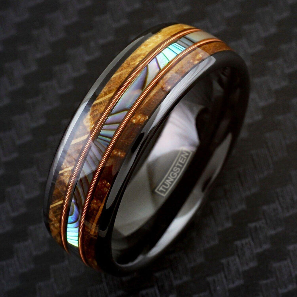 Men's Wedding Band Ring Whiskey Barrel Wood Abalone Dual Guitar String Ring for Men and Women - Jewelry Store by Erik Rayo