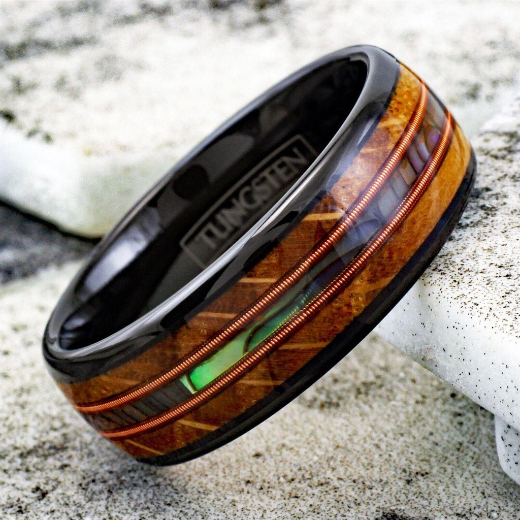 Men's Wedding Band Ring Whiskey Barrel Wood Abalone Dual Guitar String Ring for Men and Women - Jewelry Store by Erik Rayo
