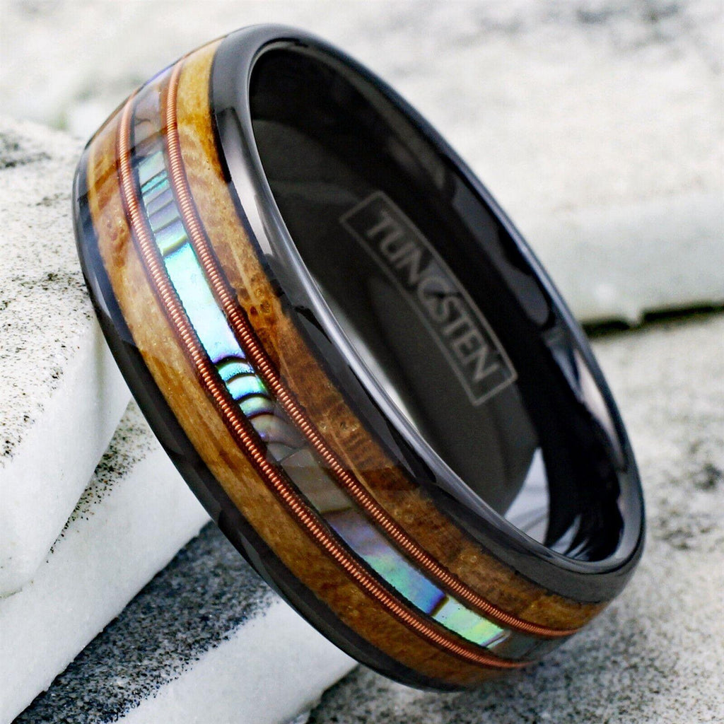 Men's Wedding Band Ring Whiskey Barrel Wood Abalone Dual Guitar String Ring for Men and Women - Jewelry Store by Erik Rayo