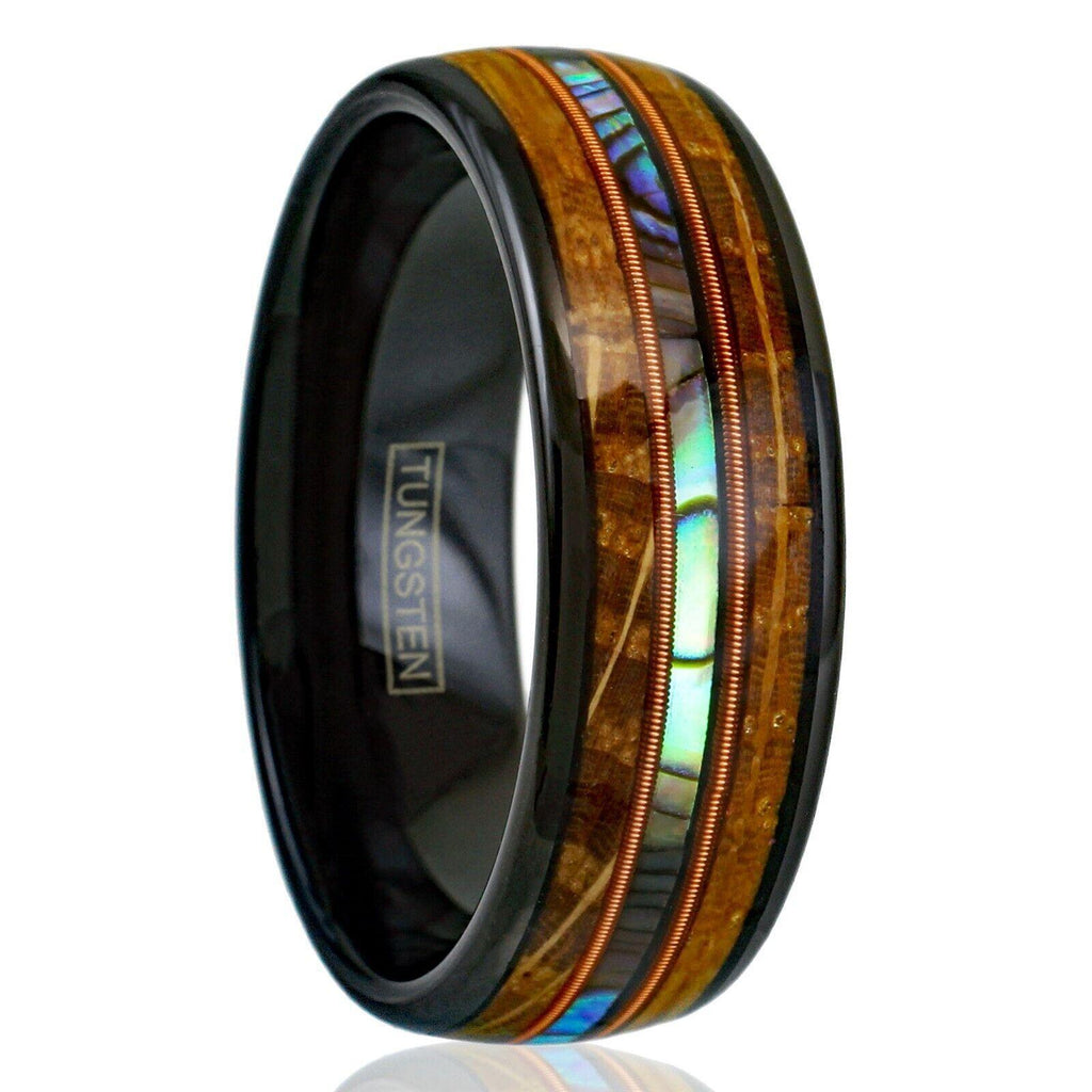 Men's Wedding Band Ring Whiskey Barrel Wood Abalone Dual Guitar String Ring for Men and Women - Jewelry Store by Erik Rayo