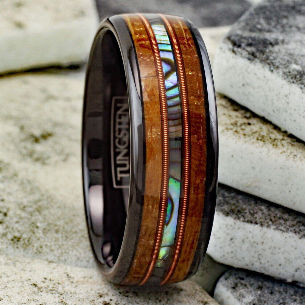 Men's Wedding Band Ring Whiskey Barrel Wood Abalone Dual Guitar String Ring for Men and Women - Jewelry Store by Erik Rayo
