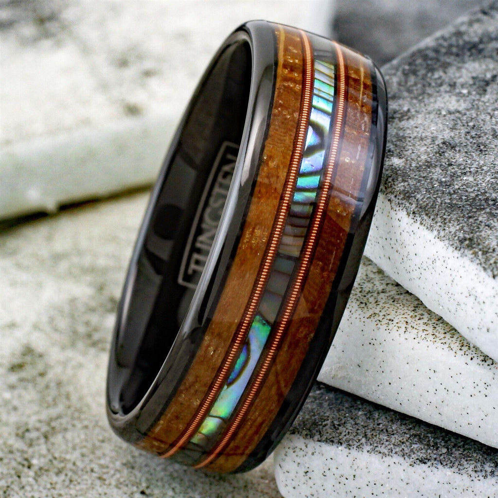 Men's Wedding Band Ring Whiskey Barrel Wood Abalone Dual Guitar String Ring for Men and Women - Jewelry Store by Erik Rayo