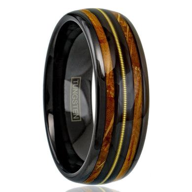 Men's Wedding Band - Whiskey Barrel Wood & Guitar String Inlay - Unique Rings for Men & Women