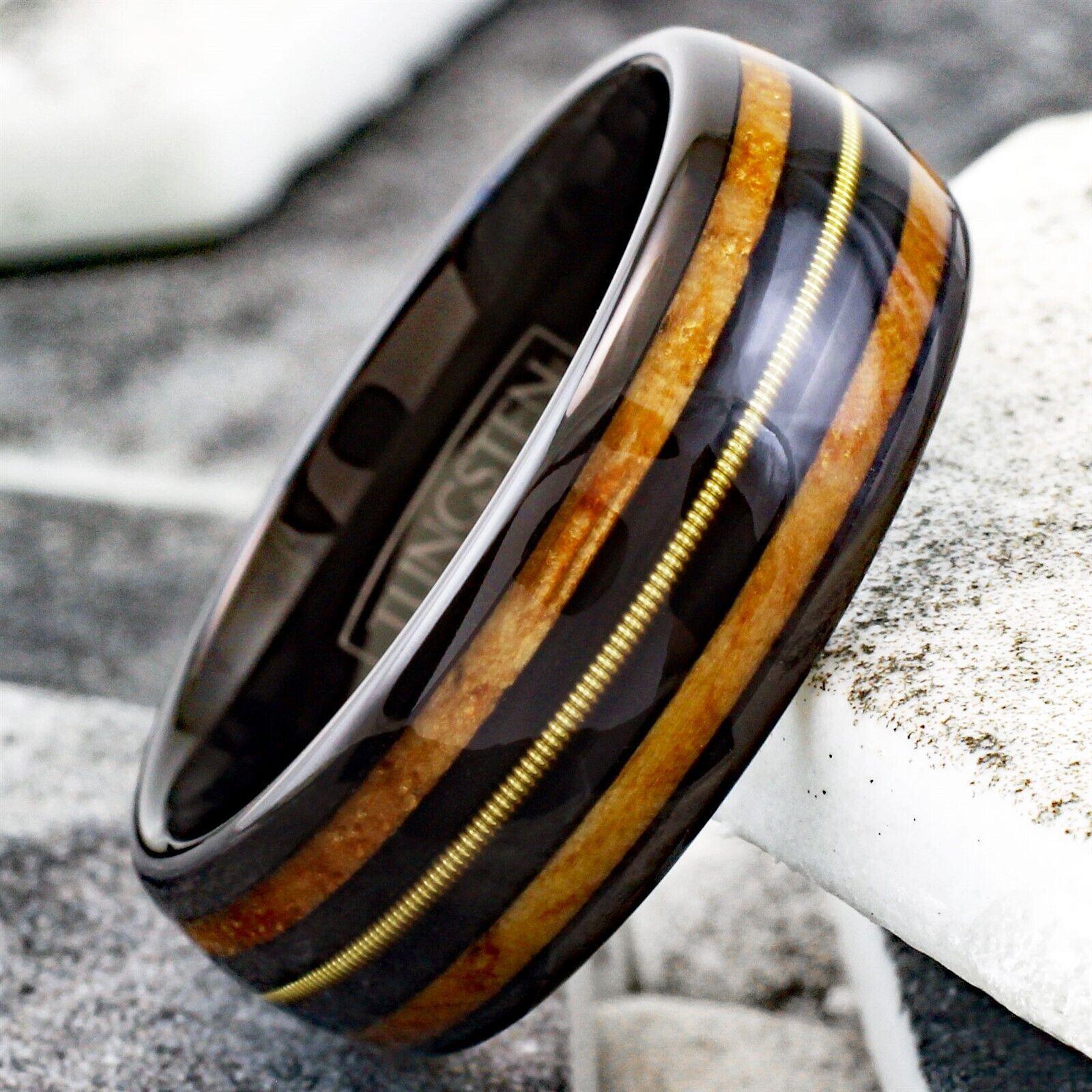 Men's Wedding Band - Whiskey Barrel Wood & Guitar String Inlay - Unique Rings for Men & Women - Jewelry Store by Erik Rayo