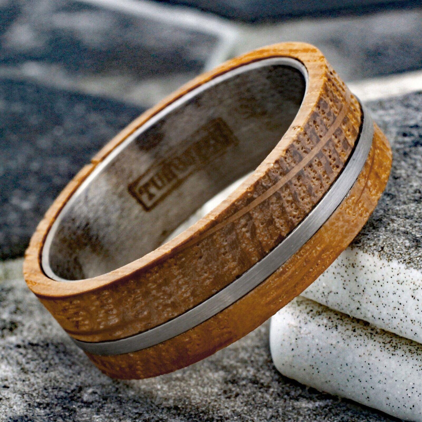 Men's Wedding Band Rings with Whiskey Barrel Wood and Brushed Stripe - Perfect for Weddings and Special Occasions - Jewelry Store by Erik Rayo
