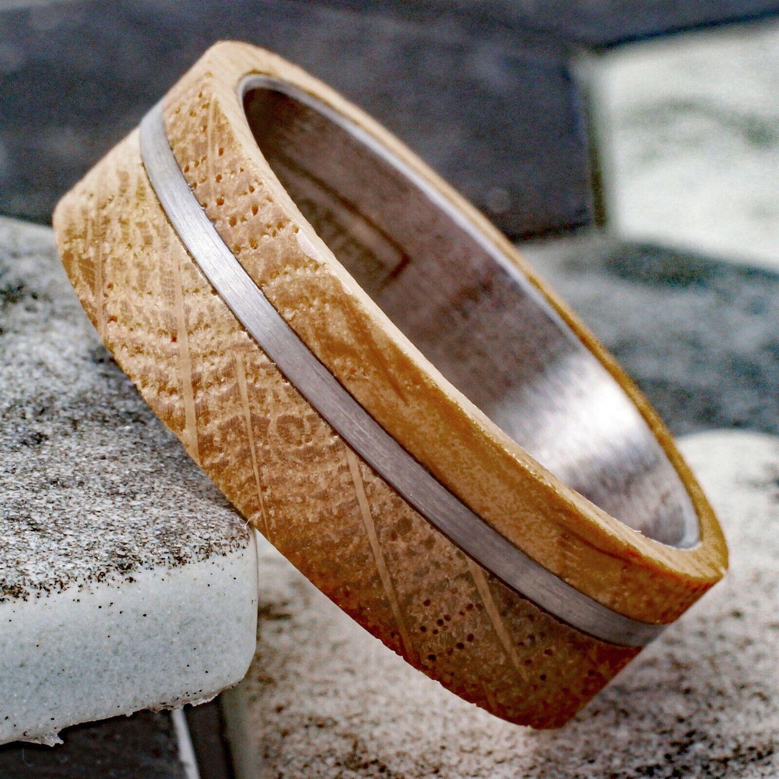 Men's Wedding Band Rings with Whiskey Barrel Wood and Brushed Stripe - Perfect for Weddings and Special Occasions - Jewelry Store by Erik Rayo