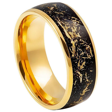 Tungsten Rings for Men Wedding Bands for Him Womens Wedding Bands for Her 8mm Yellow Gold Meteorite Black Inlay - Jewelry Store by Erik Rayo