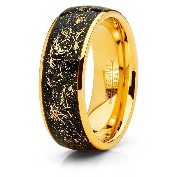 Tungsten Rings for Men Wedding Bands for Him Womens Wedding Bands for Her 8mm Yellow Gold Meteorite Black Inlay - Jewelry Store by Erik Rayo