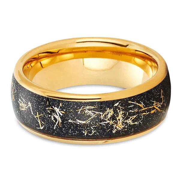 Tungsten Rings for Men Wedding Bands for Him Womens Wedding Bands for Her 8mm Yellow Gold Meteorite Black Inlay - Jewelry Store by Erik Rayo