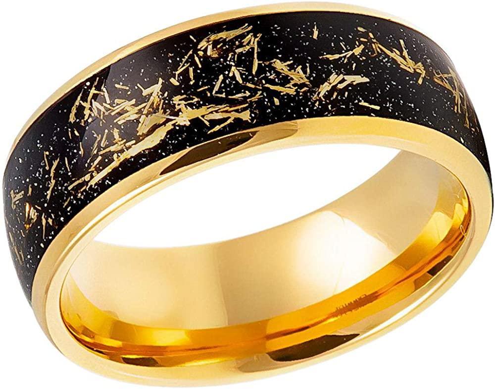 Tungsten Rings for Men Wedding Bands for Him Womens Wedding Bands for Her 8mm Yellow Gold Meteorite Black Inlay - Jewelry Store by Erik Rayo