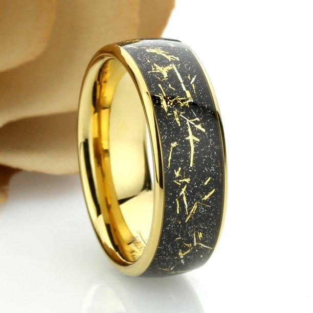 Tungsten Rings for Men Wedding Bands for Him Womens Wedding Bands for Her 8mm Yellow Gold Meteorite Black Inlay - Jewelry Store by Erik Rayo