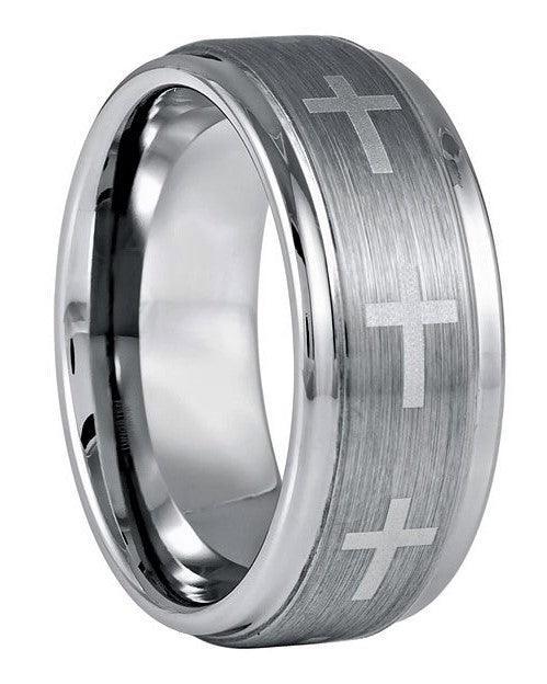 Engagement Rings for Women Mens Wedding Bands for Him and Her Promise / Bridal Mens Womens Rings Stepped Edge Brushed Center with Crosses - Jewelry Store by Erik Rayo
