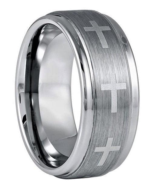 Men's 9mm Stepped Edge Wedding Band Ring with Brushed Center and Crosses - Men's Wedding Rings - Women's Wedding Rings