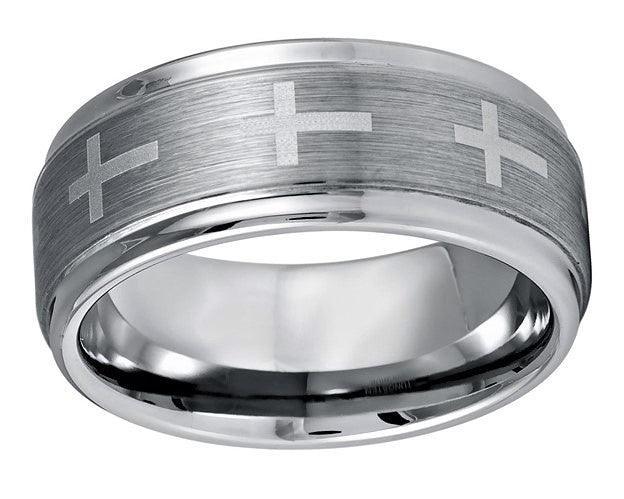 Engagement Rings for Women Mens Wedding Bands for Him and Her Promise / Bridal Mens Womens Rings Stepped Edge Brushed Center with Crosses - Jewelry Store by Erik Rayo