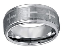 Load image into Gallery viewer, Tungsten Rings for Men Wedding Bands for Him Womens Wedding Bands for Her 9mm Stepped Edge Brushed Center with Crosses - Jewelry Store by Erik Rayo
