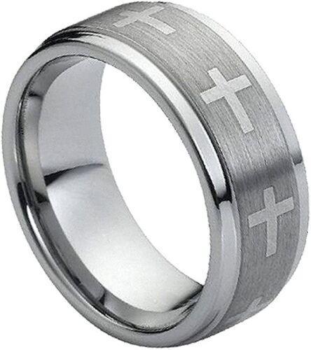 Engagement Rings for Women Mens Wedding Bands for Him and Her Promise / Bridal Mens Womens Rings Stepped Edge Brushed Center with Crosses - Jewelry Store by Erik Rayo