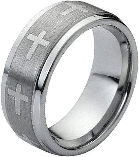 Engagement Rings for Women Mens Wedding Bands for Him and Her Promise / Bridal Mens Womens Rings Stepped Edge Brushed Center with Crosses - Jewelry Store by Erik Rayo