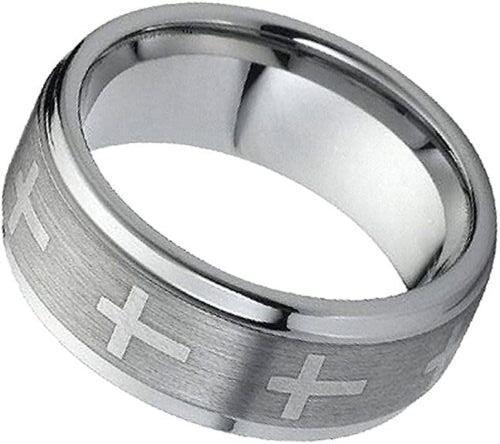Engagement Rings for Women Mens Wedding Bands for Him and Her Promise / Bridal Mens Womens Rings Stepped Edge Brushed Center with Crosses - Jewelry Store by Erik Rayo