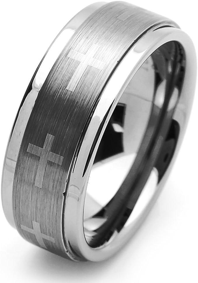 Engagement Rings for Women Mens Wedding Bands for Him and Her Promise / Bridal Mens Womens Rings Stepped Edge Brushed Center with Crosses - Jewelry Store by Erik Rayo