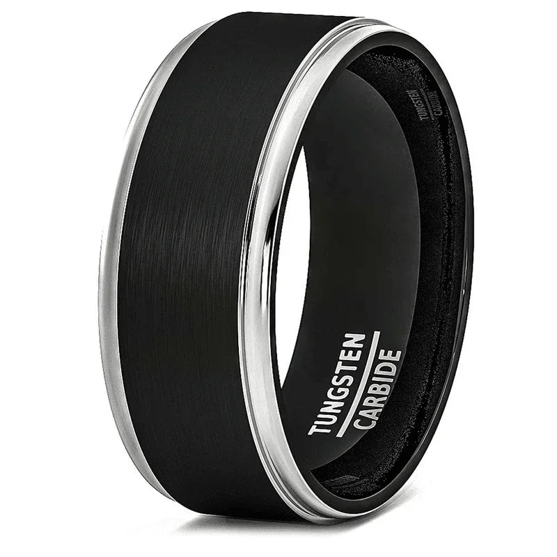 Men's Tungsten Carbide Wedding Band - Black Brushed Silver Stripe Ring for Men - Wedding Rings for Women and Men - Jewelry Store by Erik Rayo