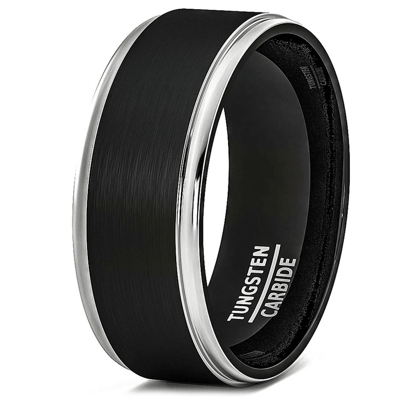 Men's Wedding Band - Black Brushed Silver Stripe Ring for Men - Wedding Rings for Women and Men