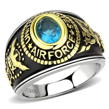 Load image into Gallery viewer, Air Force Ring Class Ring for Men and Women Unisex Stainless Steel Military in Black and Gold with Blue Aquamarine Stone Rock - Jewelry Store by Erik Rayo
