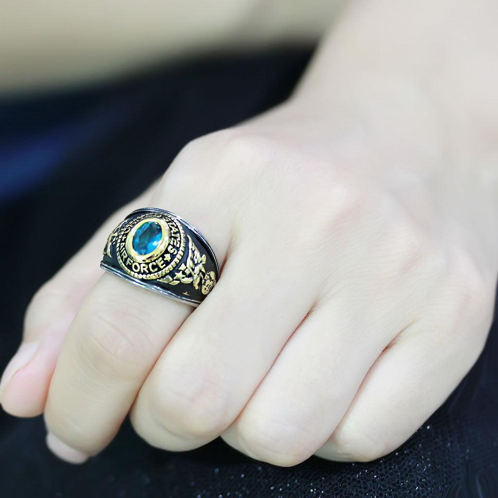 US Air Force Ring for Men and Women Unisex Stainless Steel Military Patriotic Ring in Black and Gold with Blue Aquamarine Stone Rock - Jewelry Store by Erik Rayo