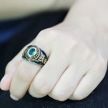 Load image into Gallery viewer, Air Force Ring Class Ring for Men and Women Unisex Stainless Steel Military in Black and Gold with Blue Aquamarine Stone Rock - Jewelry Store by Erik Rayo
