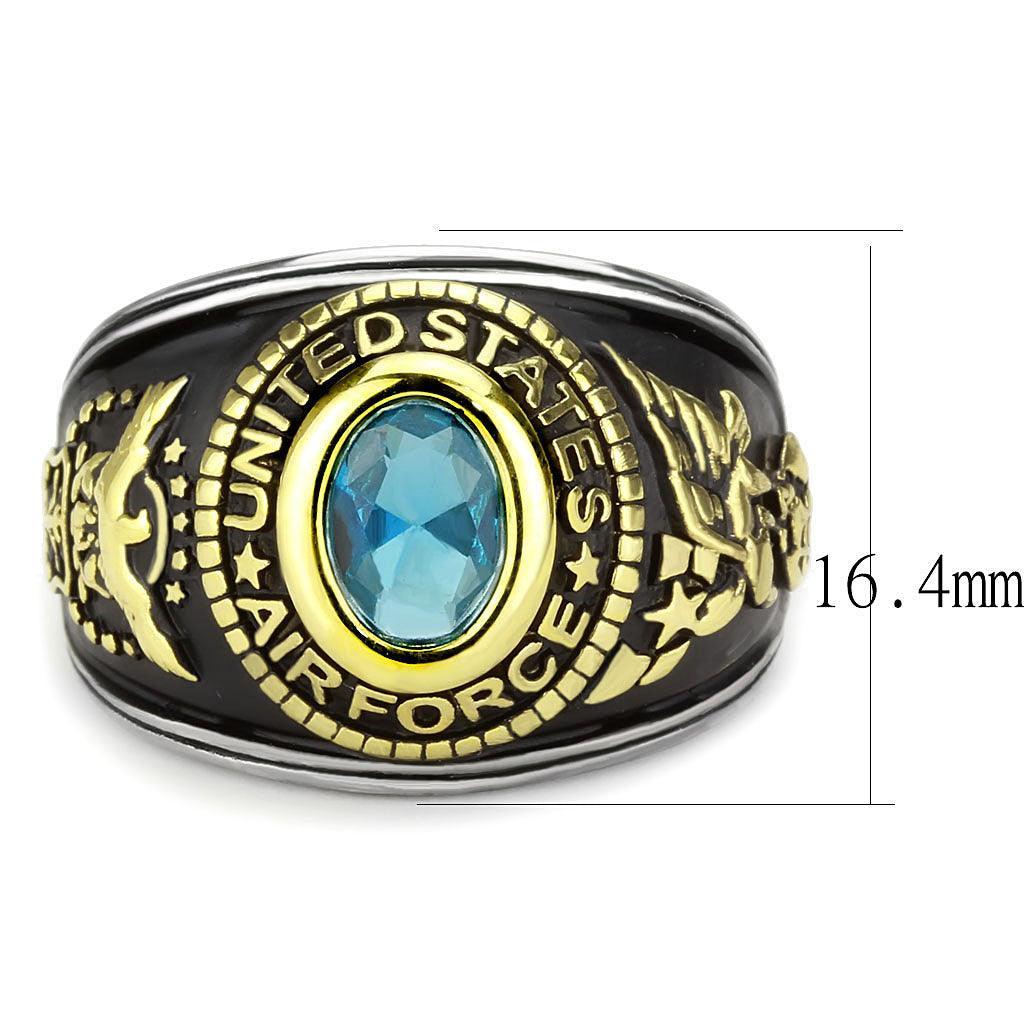 US Air Force Ring for Men and Women Unisex Stainless Steel Military Patriotic Ring in Black and Gold with Blue Aquamarine Stone Rock - Jewelry Store by Erik Rayo