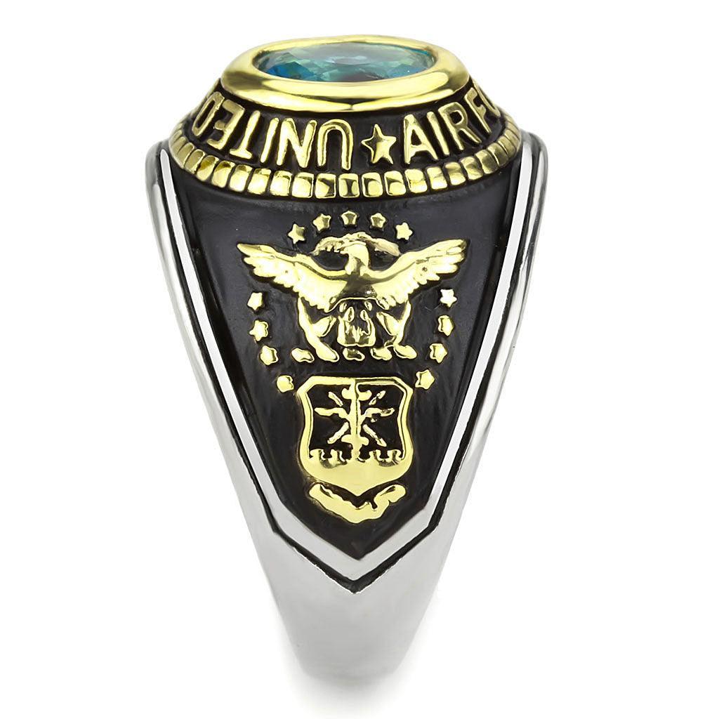 US Air Force Ring for Men and Women Unisex Stainless Steel Military Patriotic Ring in Black and Gold with Blue Aquamarine Stone Rock - Jewelry Store by Erik Rayo