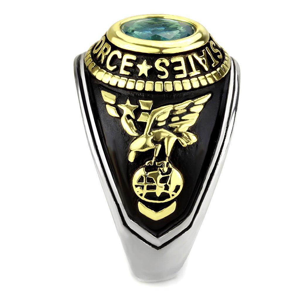 US Air Force Ring for Men and Women Unisex Stainless Steel Military Patriotic Ring in Black and Gold with Blue Aquamarine Stone Rock - Jewelry Store by Erik Rayo