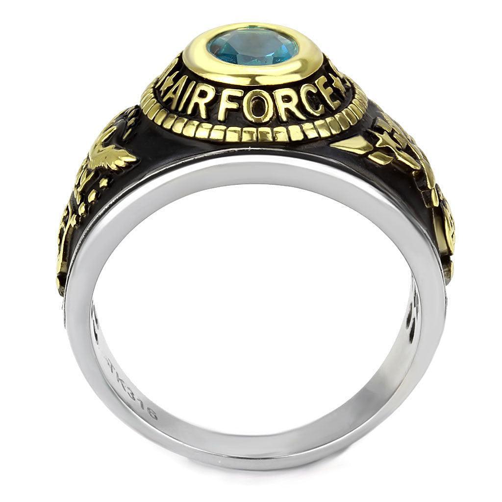 US Air Force Ring for Men and Women Unisex Stainless Steel Military Patriotic Ring in Black and Gold with Blue Aquamarine Stone Rock - Jewelry Store by Erik Rayo