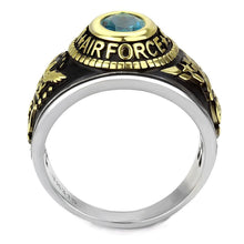 Load image into Gallery viewer, Air Force Ring Class Ring for Men and Women Unisex Stainless Steel Military in Black and Gold with Blue Aquamarine Stone Rock - Jewelry Store by Erik Rayo
