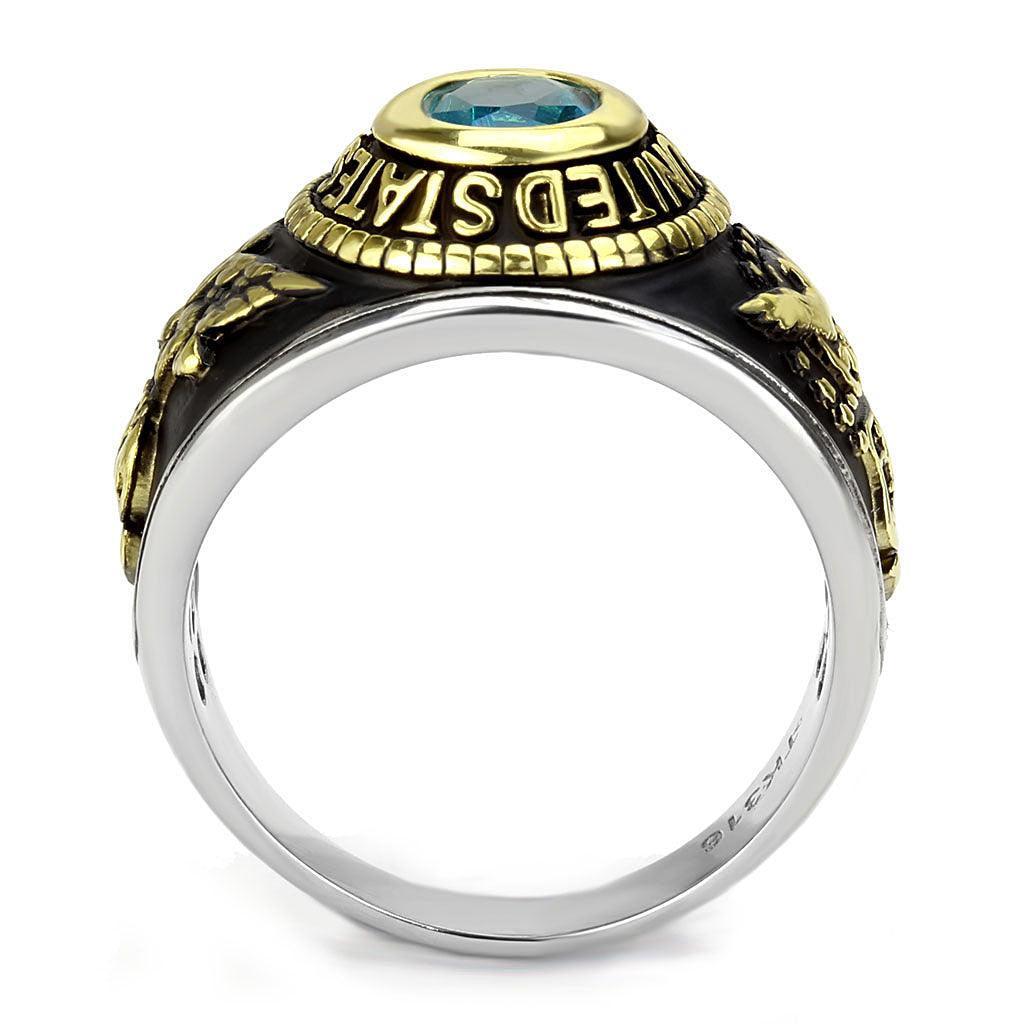 US Air Force Ring for Men and Women Unisex Stainless Steel Military Patriotic Ring in Black and Gold with Blue Aquamarine Stone Rock - Jewelry Store by Erik Rayo