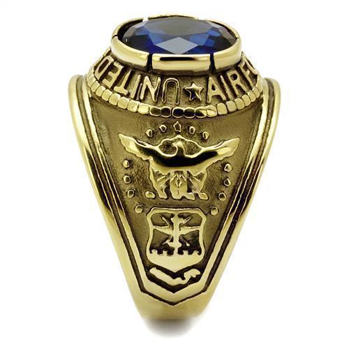 US Air Force Ring for Men and Women Unisex Stainless Steel Military Patriotic Ring in Gold with Blue Stone - Jewelry Store by Erik Rayo