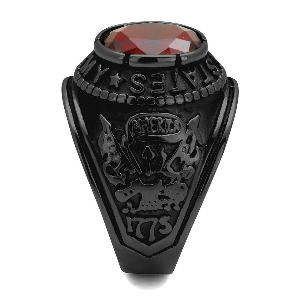 US Army Ring for Men and Women Unisex Stainless Steel Military Patriotic Ring in Black with Red Stone Rock - Jewelry Store by Erik Rayo