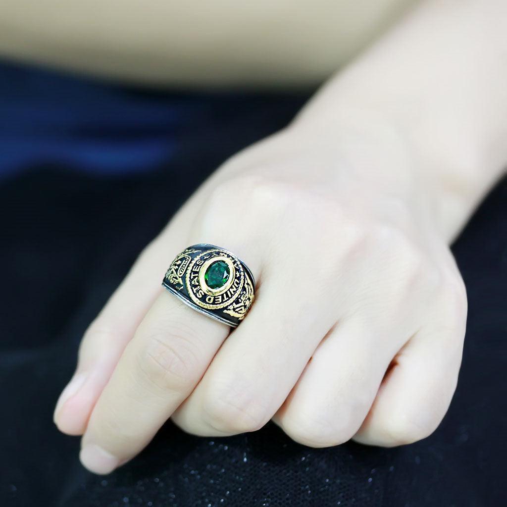 Army Ring for Men and Women Unisex Stainless Steel Military Class Ring in Gold with Green Stone - Jewelry Store by Erik Rayo
