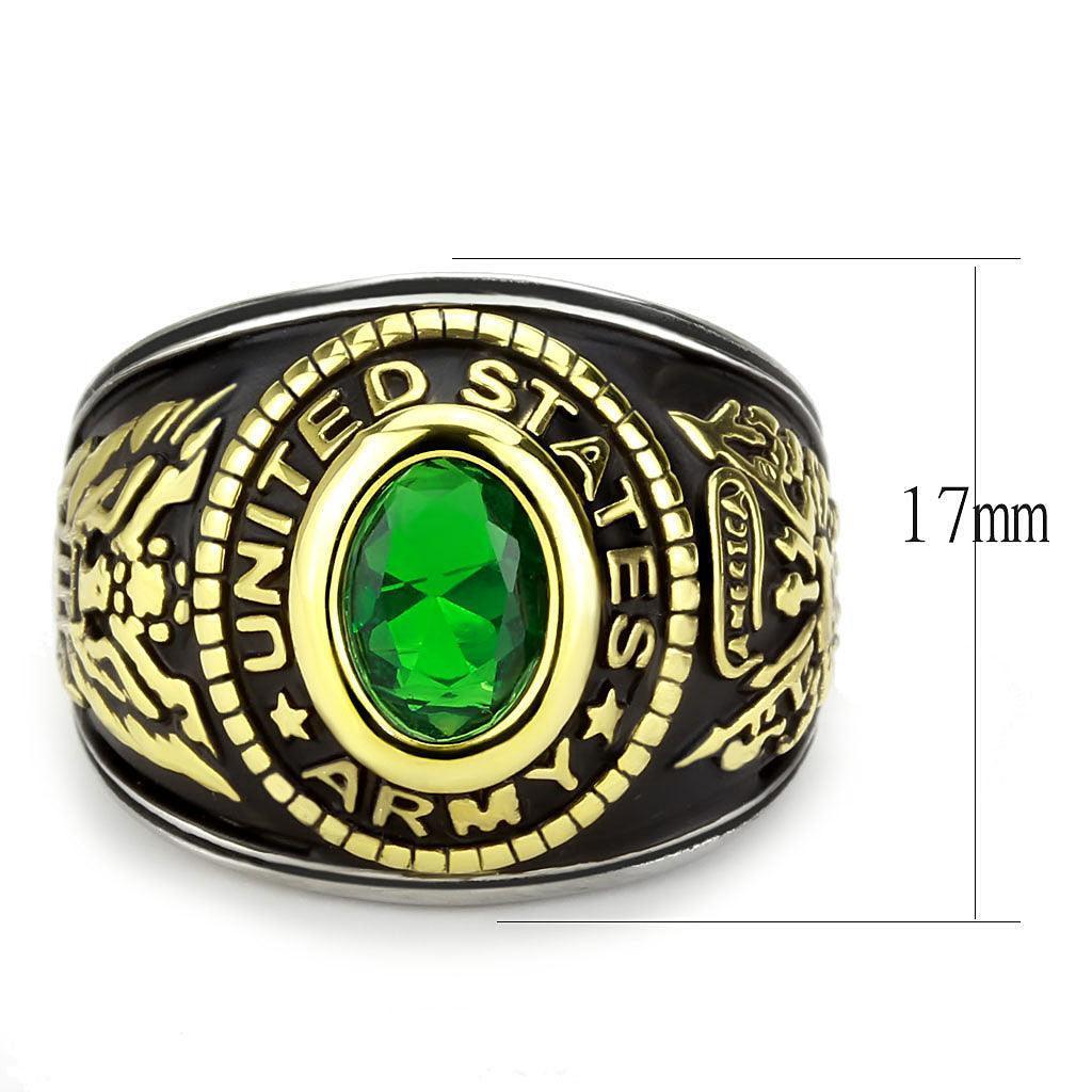 Army Ring for Men and Women Unisex Stainless Steel Military Class Ring in Gold with Green Stone - Jewelry Store by Erik Rayo